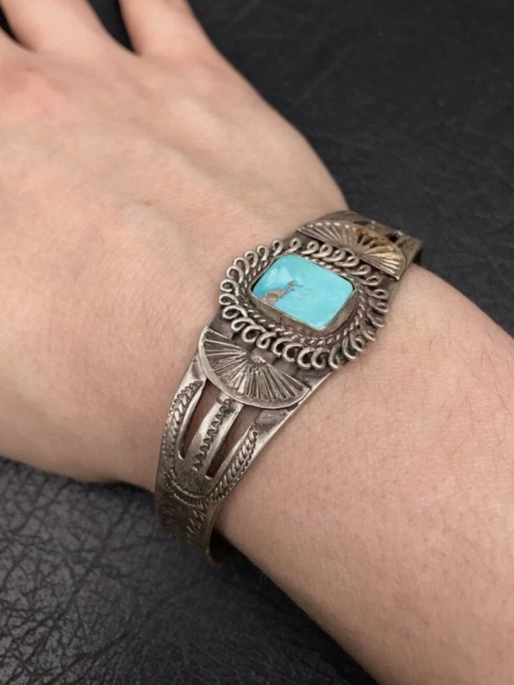 Fred Harvey Era 1930's Navajo Native American Sterling Silver Hand Stamped Cuff
